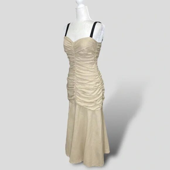 Anthropologie ATSU Ruched Drop Waist Beige Midi Linen Blend Strap Dress 2 - Picture 7 of 11
